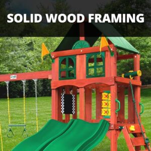 Gorilla Playsets 01-1057 Playmaker Deluxe Wooden Swing Set with Vinyl Canopy Roof, Dual Wave Slides, and Rock Climbing Wall, Redwood Stained Cedar (Amazon Exclusive)