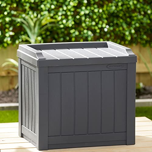 Suncast 22 Gallon Indoor or Outdoor Backyard Patio Small Durable Plastic Storage Deck Box with Attractive Bench Seat and Reinforced Lid, Cyberspace