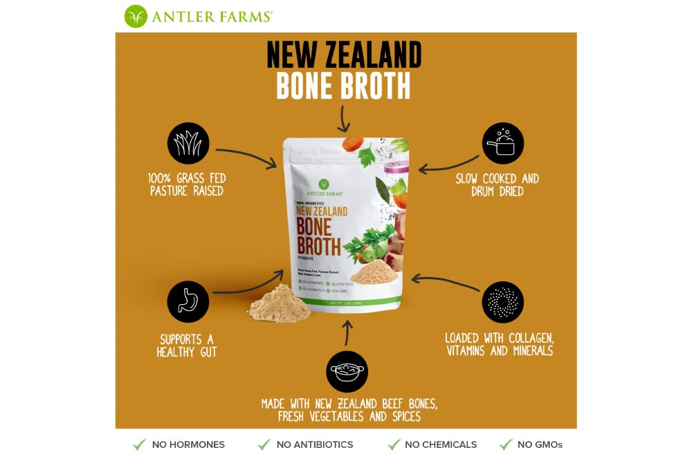 Antler Farms - 100% Grass Fed New Zealand Bone Broth Powder, 40 servings, 200g - Slow Cooked, Gently Dried, Light Flavor, No Hormones, No Antibiotics, No GMOs