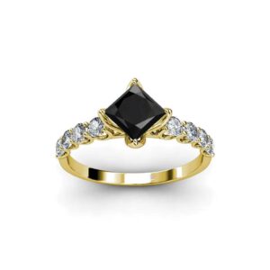 Princess Cut & Round Cut Black Diamond & Cubic Zirconia 14k Yellow Gold Platted 925 Sterling Silver Engagement Ring for Women (5.5)