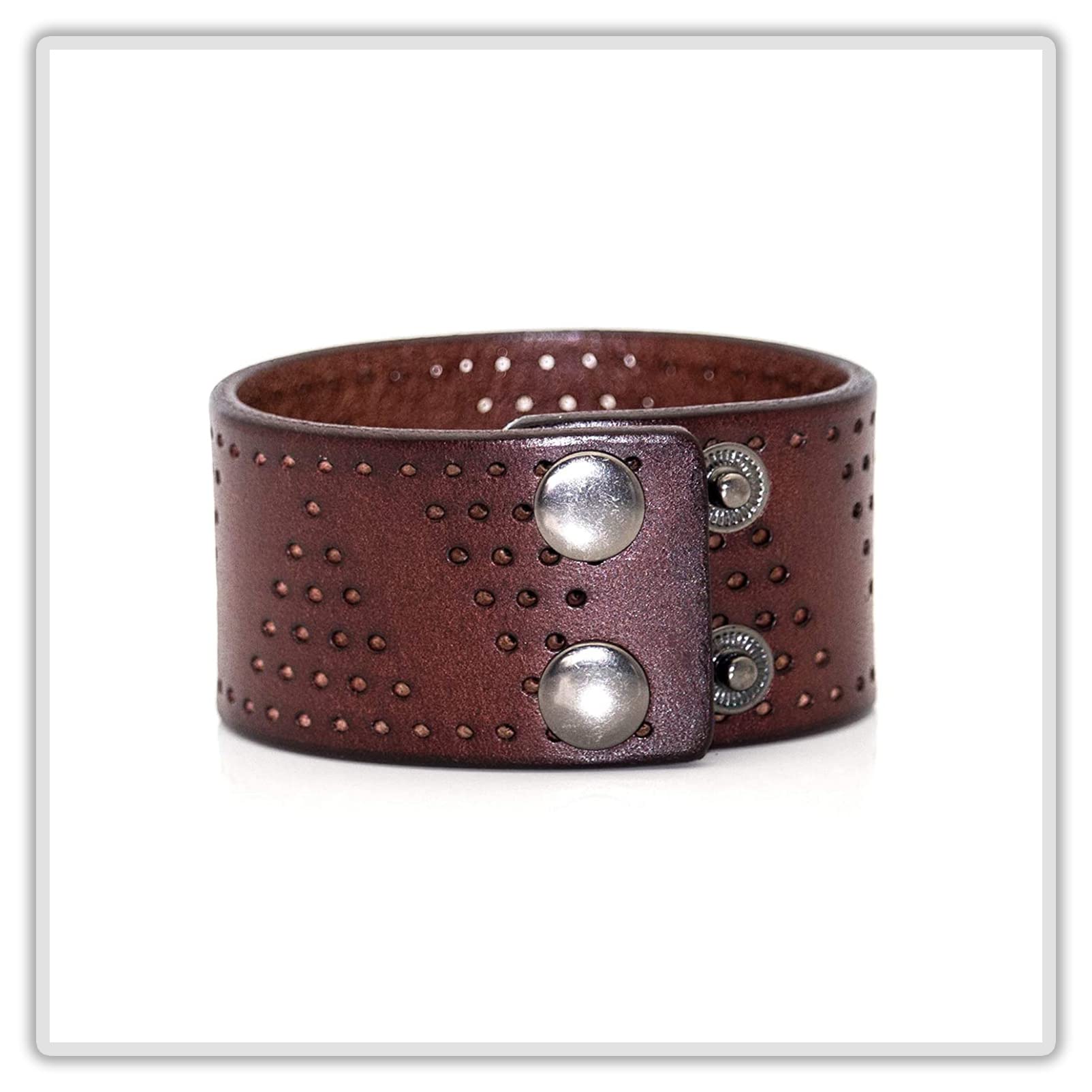 Mgutillart Punk Vintage Alloy Buckle Wristband Hollow Out Wide Leather Cuff Bracelet(Brown)