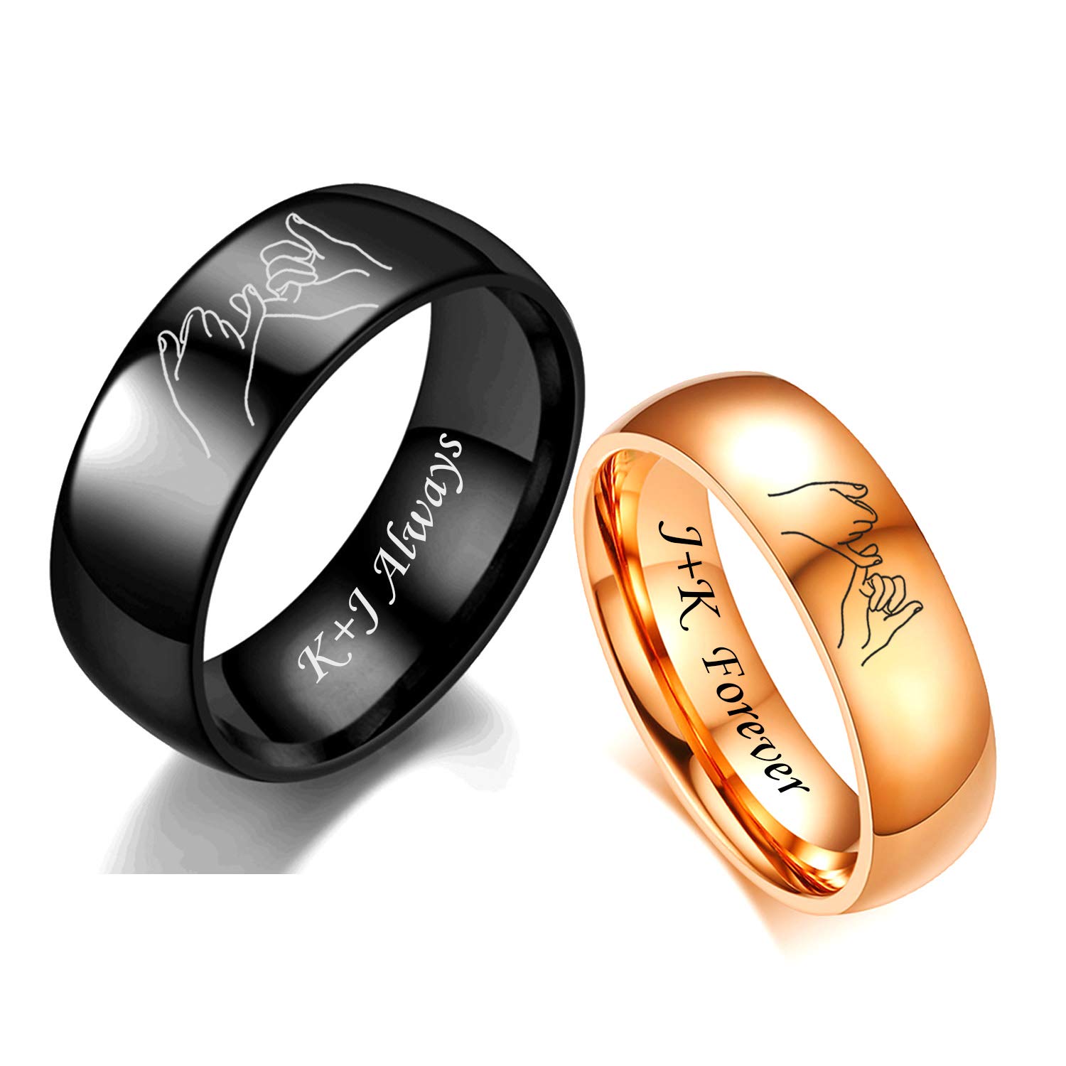 MZZJ Couple Jewelry Pinky Promise Distance Matching Ring His Hers Wedding Band 8MM&6MM Black Rose Gold Plated High Polish Stainless Steel Initial Rounded Dome Wedding Band Set