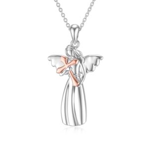 SIMONLY Mother's Day Gifts Angel Necklace Cross Necklace 925 Sterling Silver Angel Wings Pendant Faith Jewelry for Women