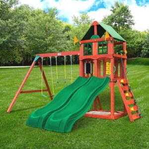 Gorilla Playsets 01-1057 Playmaker Deluxe Wooden Swing Set with Vinyl Canopy Roof, Dual Wave Slides, and Rock Climbing Wall, Redwood Stained Cedar (Amazon Exclusive)