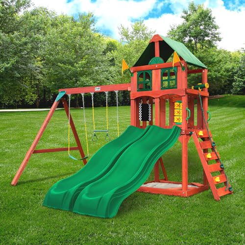 Gorilla Playsets 01-1057 Playmaker Deluxe Wooden Swing Set with Vinyl Canopy Roof, Dual Wave Slides, and Rock Climbing Wall, Redwood Stained Cedar (Amazon Exclusive)