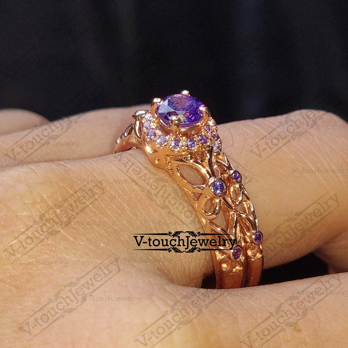 V Touch 14K Rose Gold Plated 925 Sterling Silver Round Cut Purple Amethyst Engagement Wedding Tinkerbell Ring Set for Women's (8)