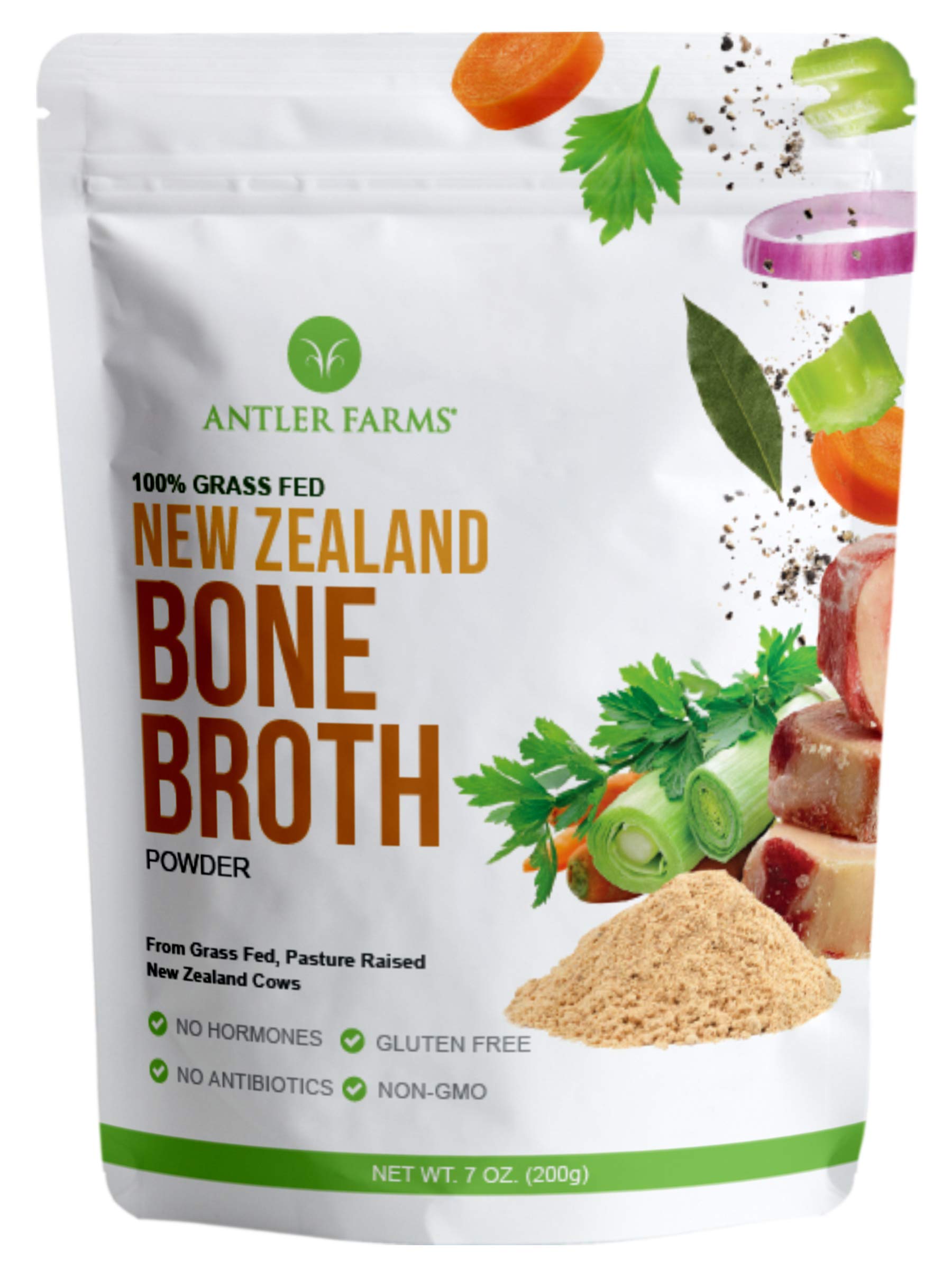 Antler Farms - 100% Grass Fed New Zealand Bone Broth Powder, 40 servings, 200g - Slow Cooked, Gently Dried, Light Flavor, No Hormones, No Antibiotics, No GMOs