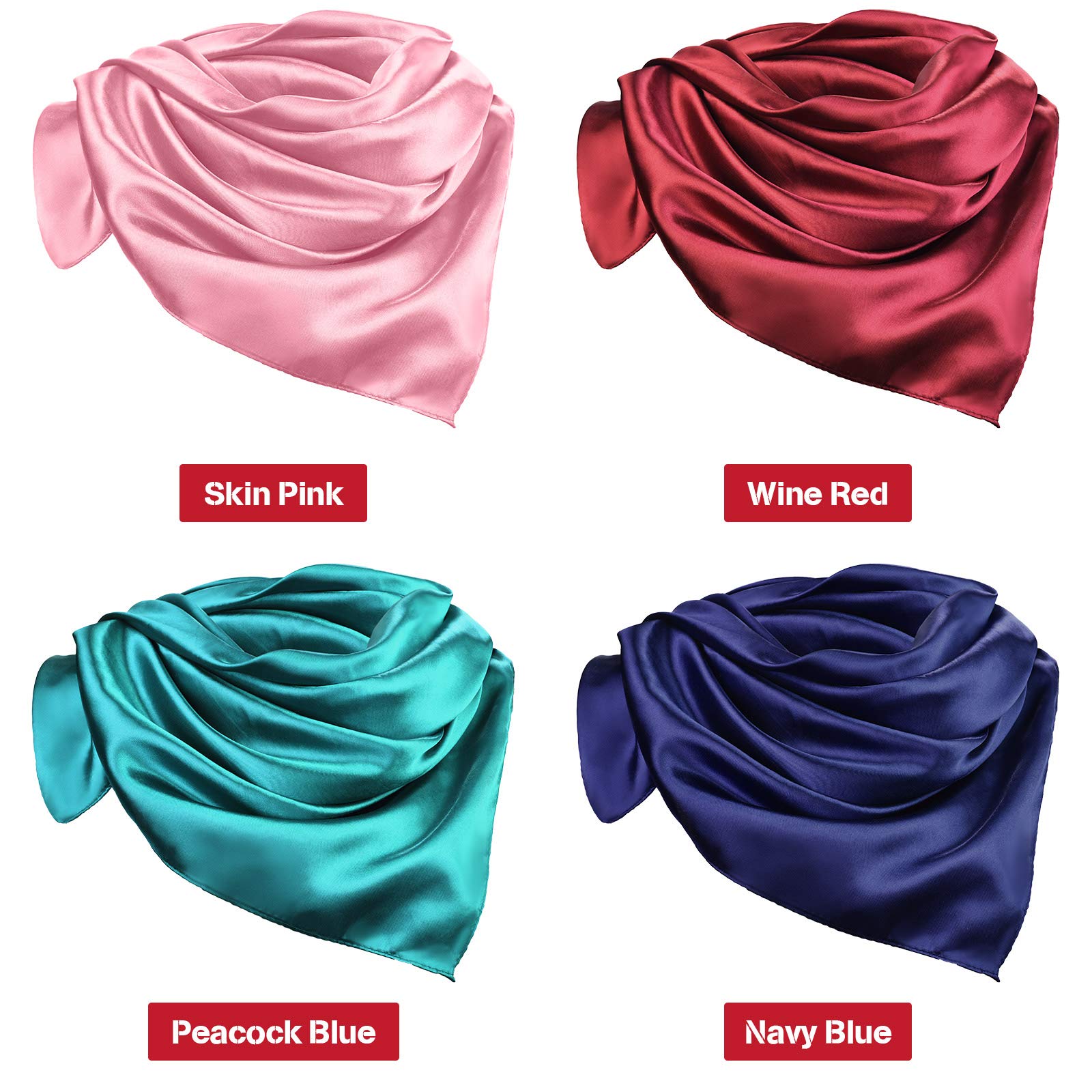 Syhood 4 Pcs 35 Inch Satin Large Bandana Satin Head Scarves Head Scarf for Women's Hair Square Scarf(Navy Blue, Wine Red, Skin Pink, Blue)