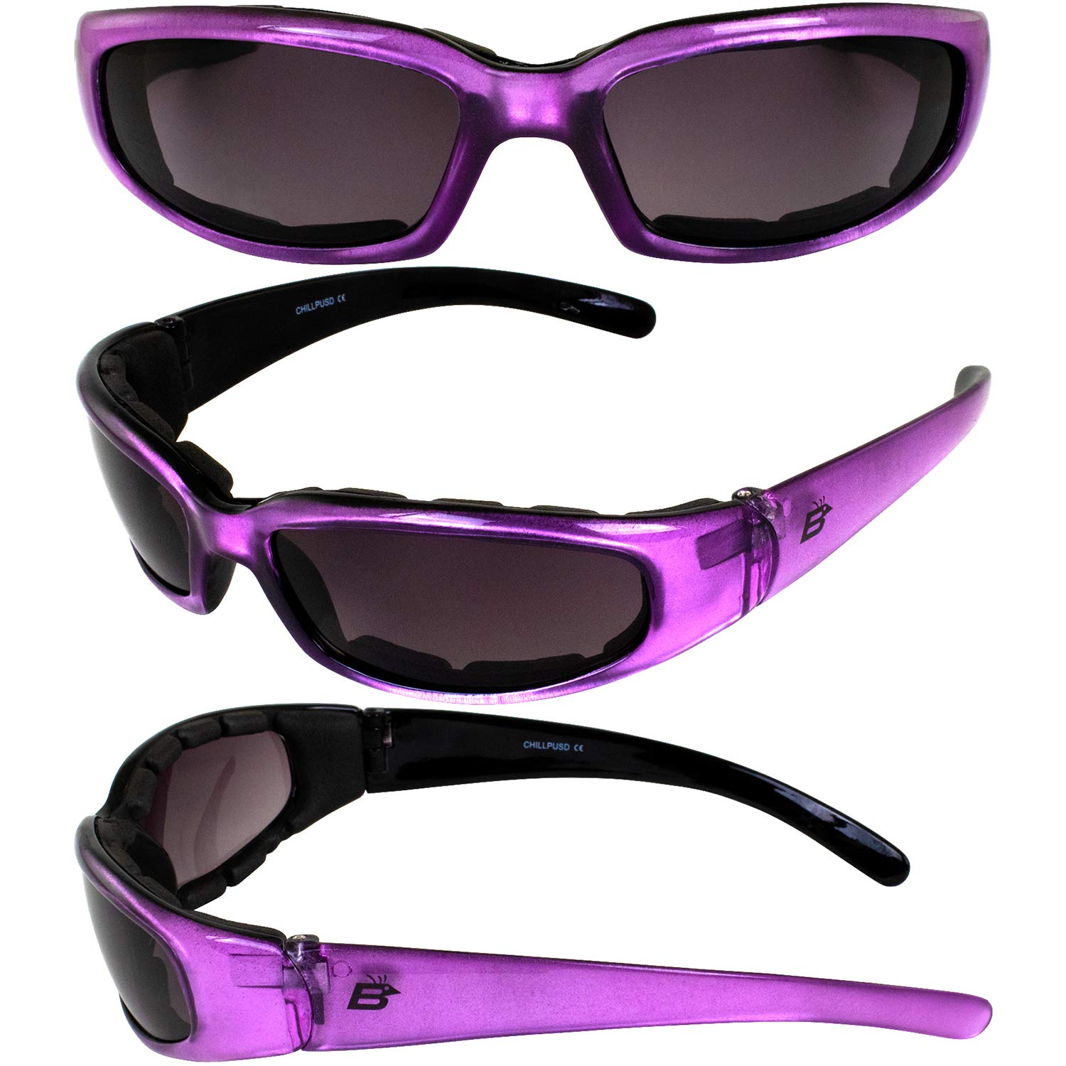 Birdz Eyewear Chill Women's Motorcycle Sunglasses Padded 2 Pairs Purple Frames Clear & Super Dark Lenses