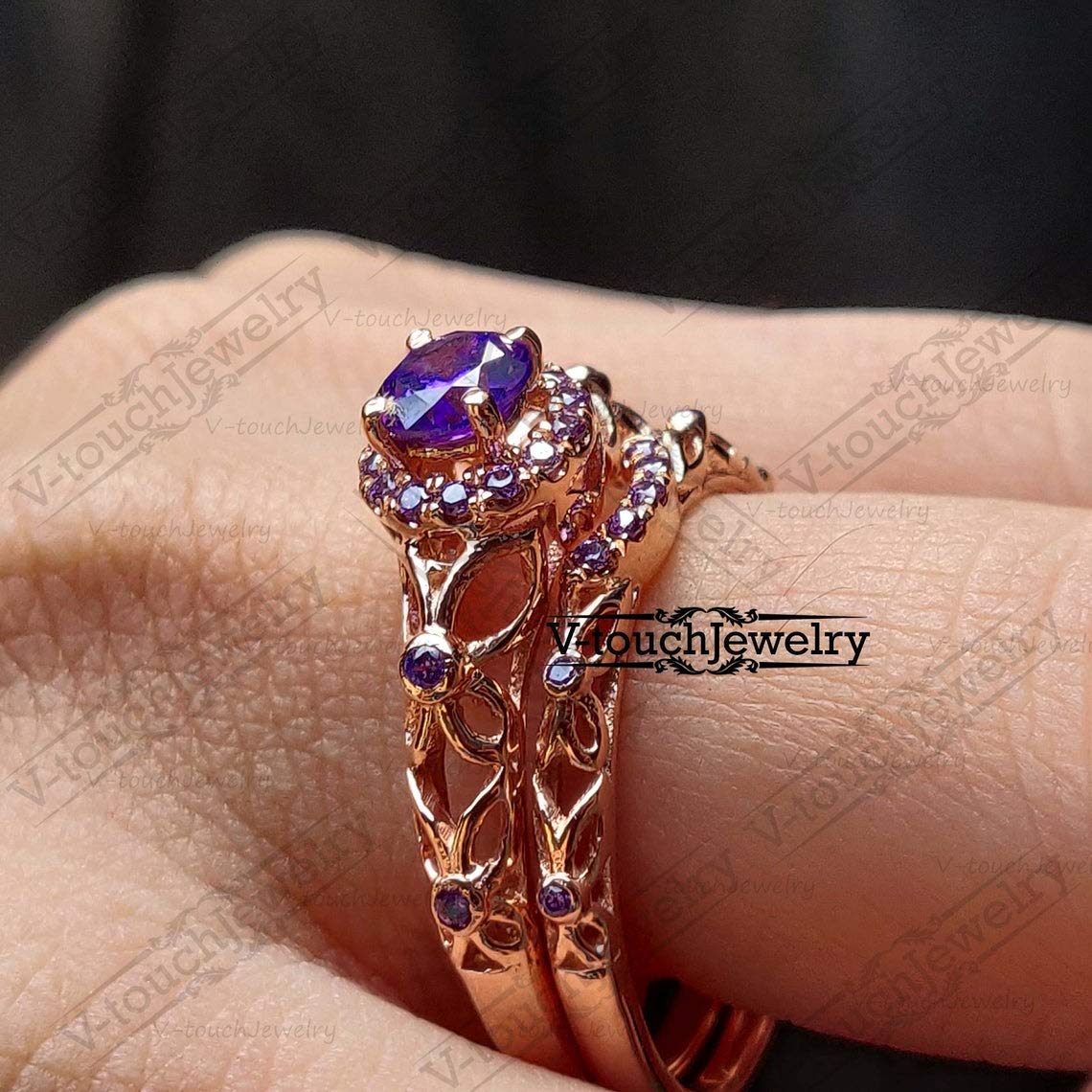 V Touch 14K Rose Gold Plated 925 Sterling Silver Round Cut Purple Amethyst Engagement Wedding Tinkerbell Ring Set for Women's (8)