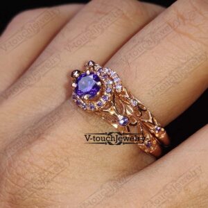 V Touch 14K Rose Gold Plated 925 Sterling Silver Round Cut Purple Amethyst Engagement Wedding Tinkerbell Ring Set for Women's (8)