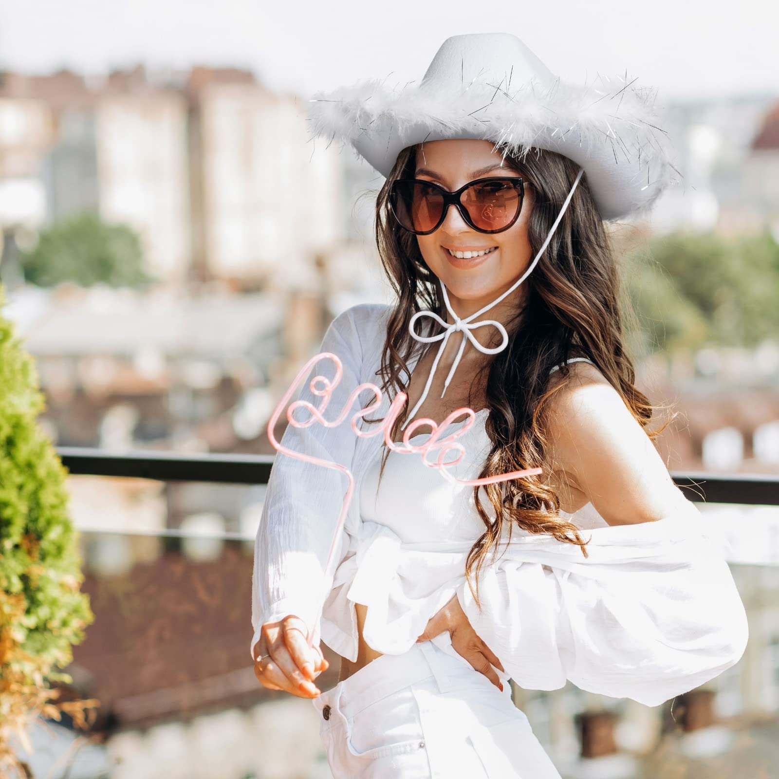 Zodaca White Cowboy Hat for Men and Women with Feathers, Western Felt Fluffy Cowgirl Hat for Costume, Dress Up Birthday, Bachelorette, and Bachelor Party Accessories