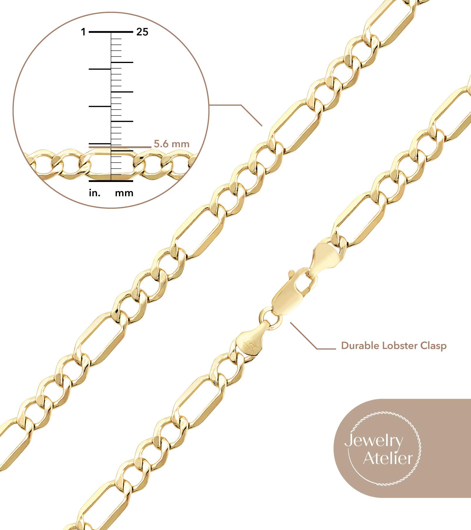 Jewelry Atelier Gold Chain Necklace Collection - 14K Solid Yellow Gold Filled Figaro Chain Necklaces for Women and Men with Different Sizes (2.8mm, 3.7mm, 4.7mm, 5.6mm)