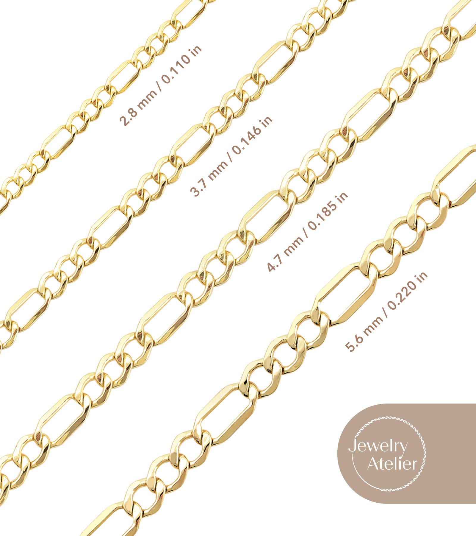 Jewelry Atelier Gold Chain Necklace Collection - 14K Solid Yellow Gold Filled Figaro Chain Necklaces for Women and Men with Different Sizes (2.8mm, 3.7mm, 4.7mm, 5.6mm)