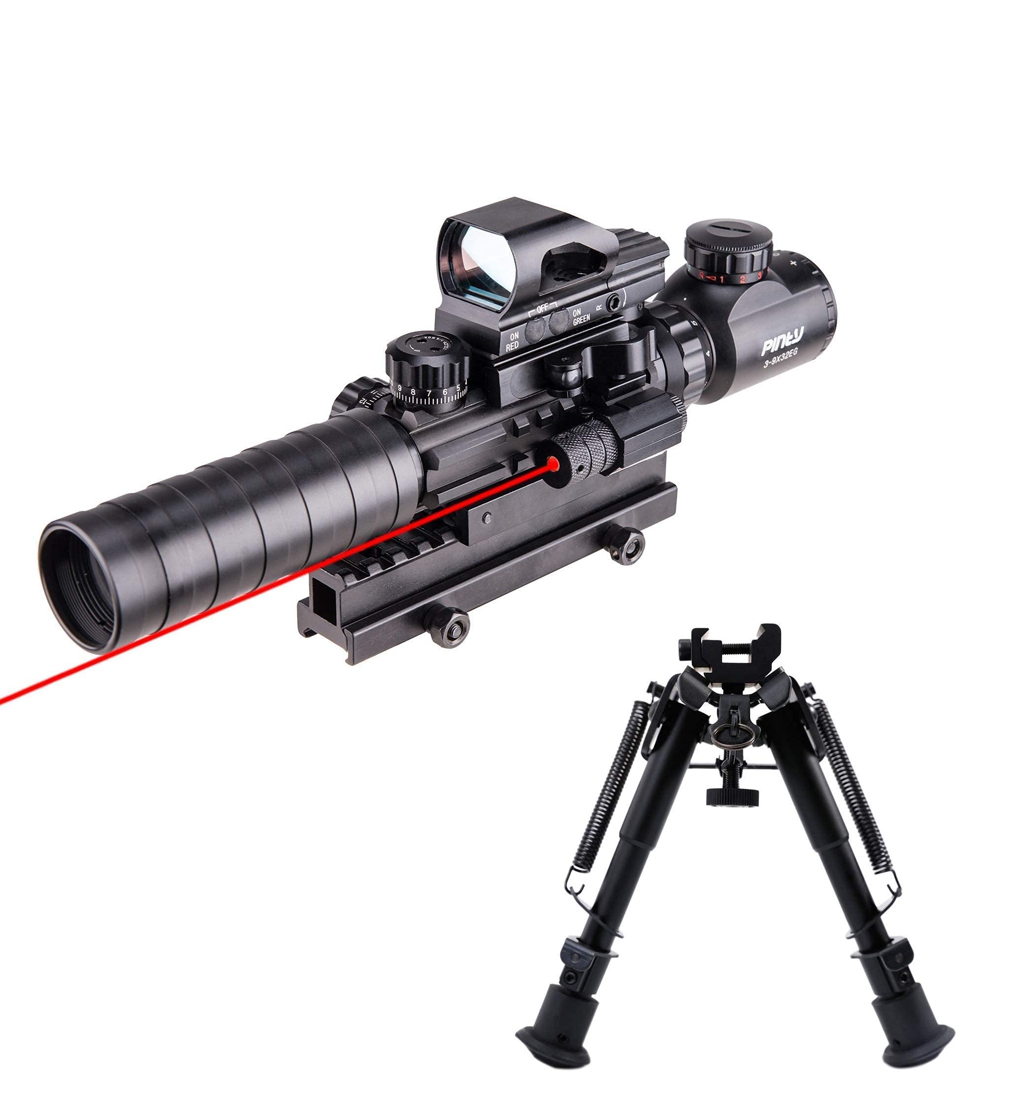 Pinty Rifle Scope 3-9x32 Rangefinder Illuminated Reflex Sight 4 Reticle & Rifle Tactical Bipod Adjustable Spring Return