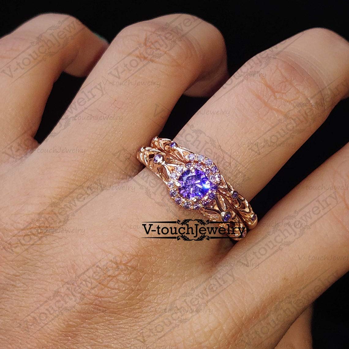 V Touch 14K Rose Gold Plated 925 Sterling Silver Round Cut Purple Amethyst Engagement Wedding Tinkerbell Ring Set for Women's (8)