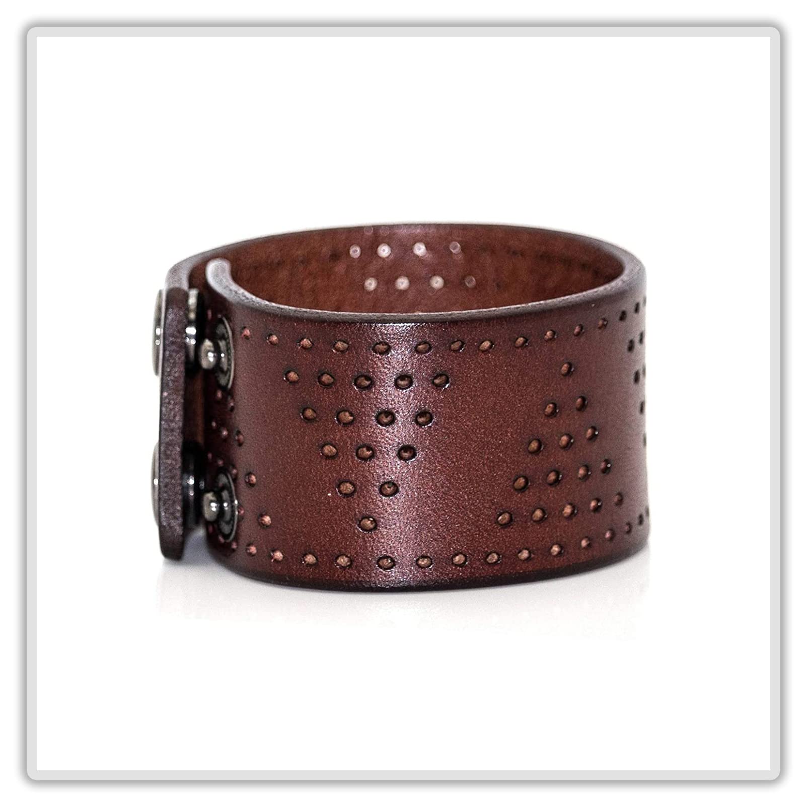 Mgutillart Punk Vintage Alloy Buckle Wristband Hollow Out Wide Leather Cuff Bracelet(Brown)