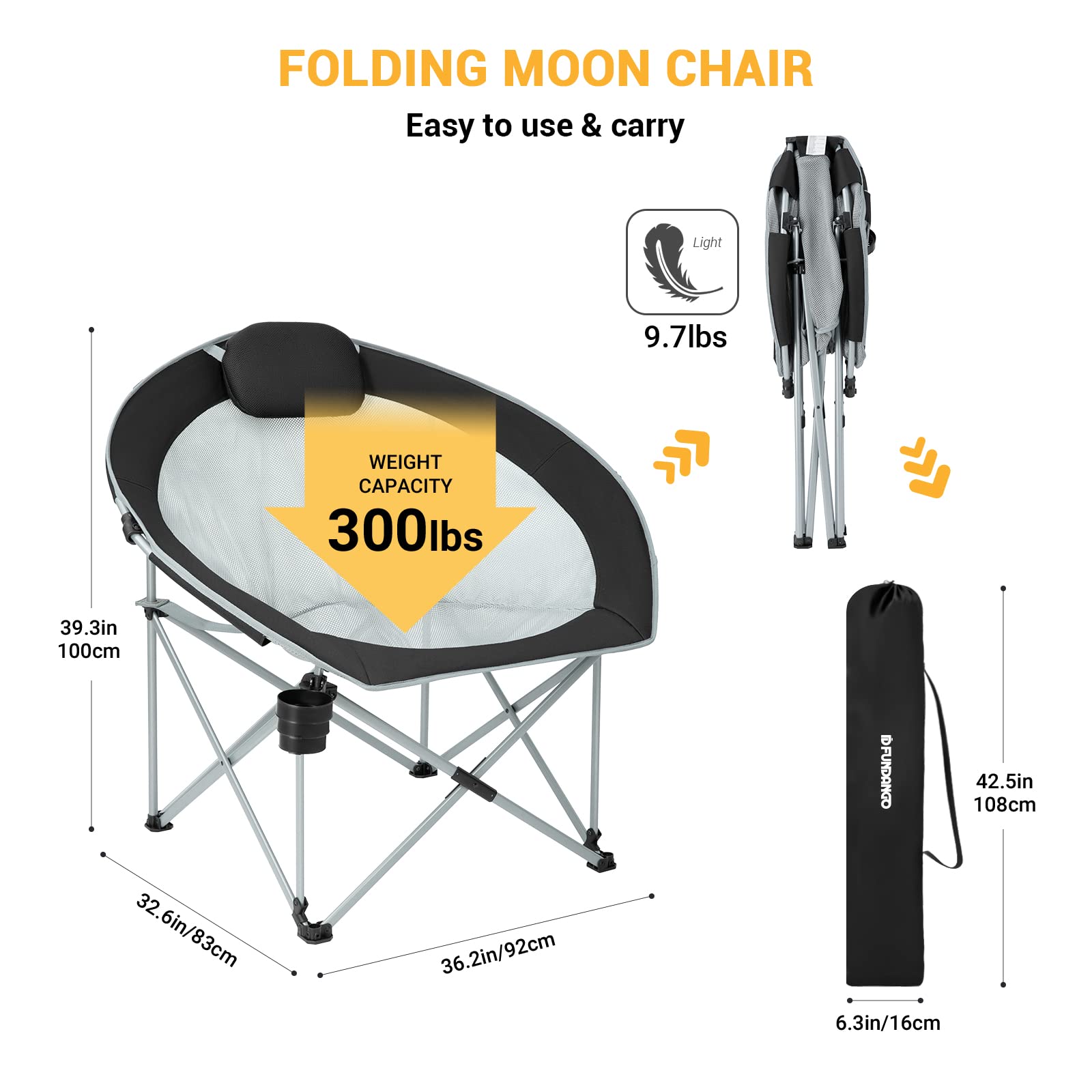 FUNDANGO Oversized Folding Camping Chair Moon Chair for Adults with Headrest, Cup Holder, Carry Bag, Portable Round Chair for Outdoor Hiking, Fishing, Picnic, Camp, Lawn