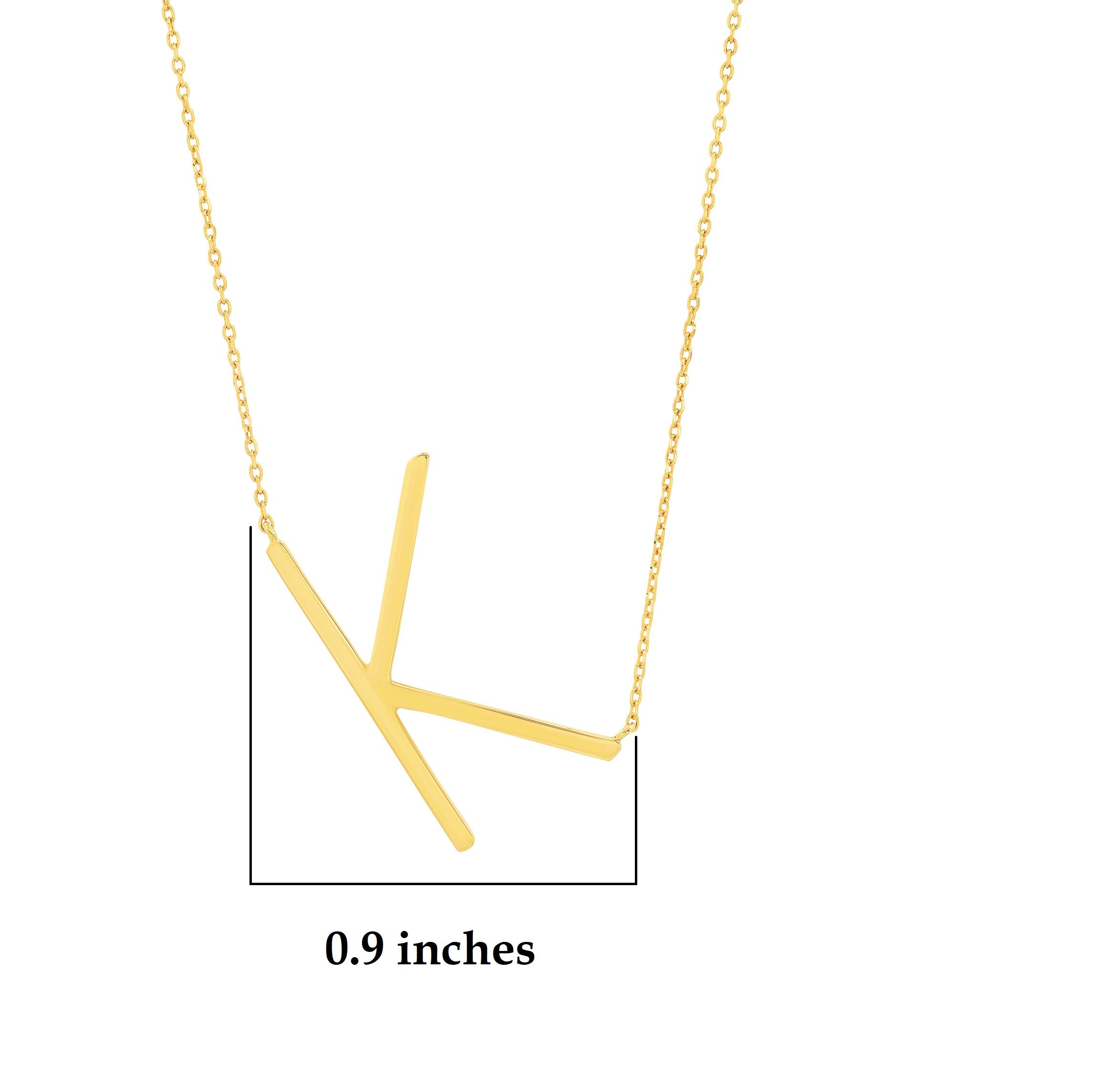 MAX + STONE 14k Gold Plated Sterling Silver Large Sideways Block Initial Letter K Necklace for Woman with 16 Inches to 18 Inches Adjustable Chain and Spring Ring Clasp