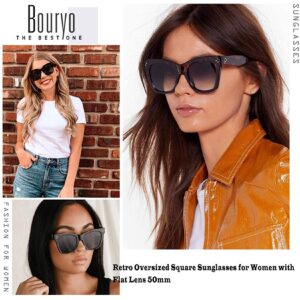 Bouryo Retro Oversized Square Sunglasses for Women Flat Lens Sun Glasses Gradient Shades UV400(Black+Black,Tortoise)