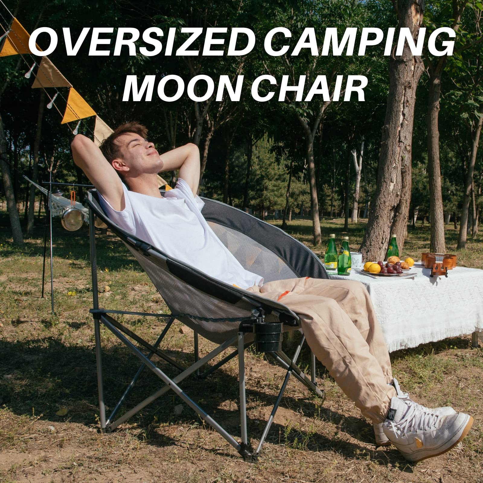 FUNDANGO Oversized Folding Camping Chair Moon Chair for Adults with Headrest, Cup Holder, Carry Bag, Portable Round Chair for Outdoor Hiking, Fishing, Picnic, Camp, Lawn