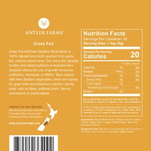 Antler Farms - 100% Grass Fed New Zealand Bone Broth Powder, 40 servings, 200g - Slow Cooked, Gently Dried, Light Flavor, No Hormones, No Antibiotics, No GMOs