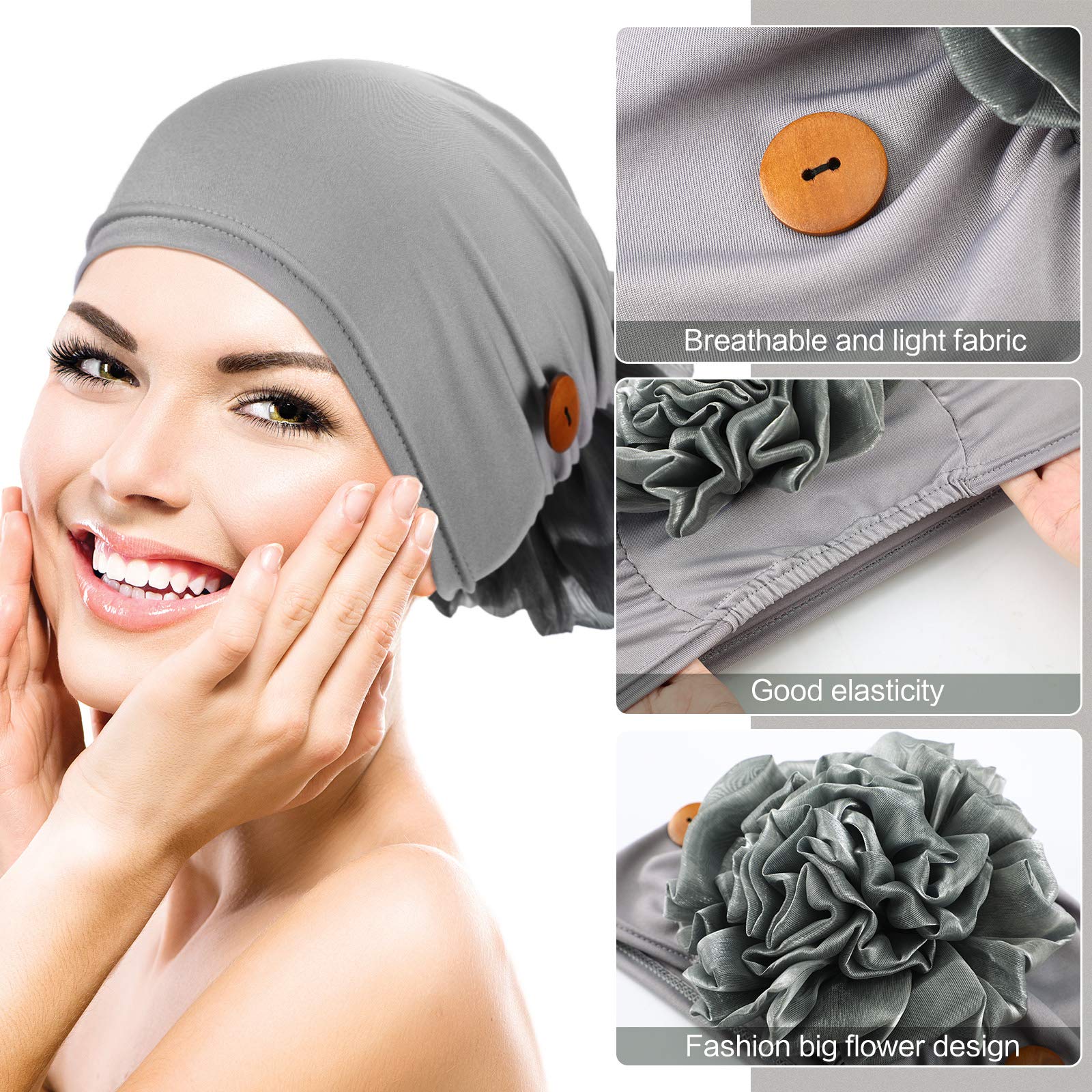 3 Pieces Bouffant Cap with Buttons Elastic Soft Flower Stretch Head Wraps for Nurses (Black, Gray, Navy Blue)