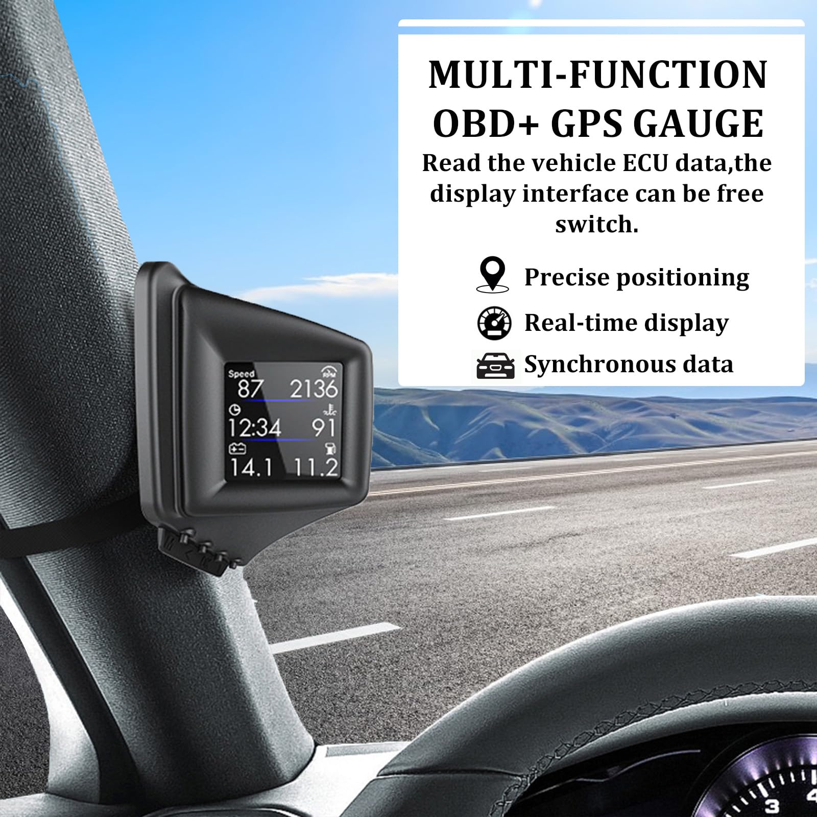 Geloo Car HUD Head Up Display, OBD2 HUD Display with OBDII GPS Dual System OBD2 Speedometer Gauge 8 Modes Multifunction Gauge Dashboard Display Smart Gauge can Installed Dashboard or A-Pillar Trim