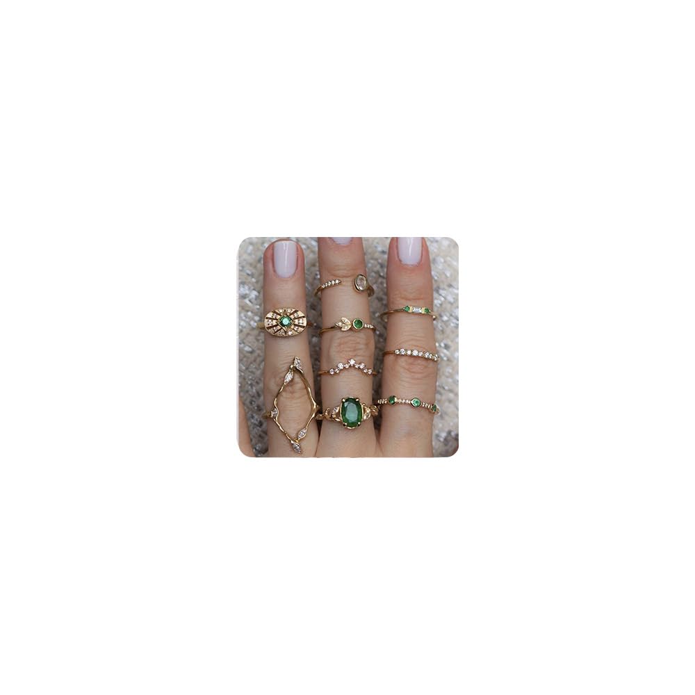 Aimimier 9 Pcs Bohemian Stackable Joint Knuckle Ring Set Vintage Emerald Crystal Finger Ring Gold Midi Ring Pack for Women