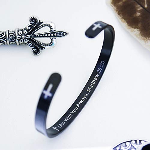 RENYILIN Black stainless steel religion quotes faith in Christian Bible verses inspiring cuff bracelets (I Am With You Always. Matthew 28:20)