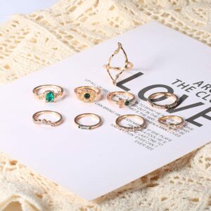 Aimimier 9 Pcs Bohemian Stackable Joint Knuckle Ring Set Vintage Emerald Crystal Finger Ring Gold Midi Ring Pack for Women