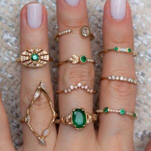 Aimimier 9 Pcs Bohemian Stackable Joint Knuckle Ring Set Vintage Emerald Crystal Finger Ring Gold Midi Ring Pack for Women