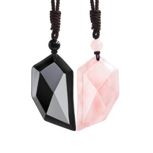 domika 2pcs healing stone matching heart couples necklace rose quartz black obsidian crystal pendant adjustable rope love puzzle necklace for men women