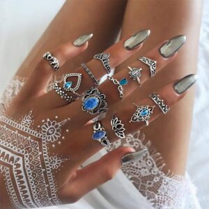 Aimimier 13 Pcs Bohemian Stackable Joint Knuckle Ring Set Vintage Blue Crystal Carved Finger Ring Crown Midi Ring Pack for Women