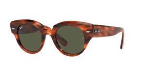 ray-ban women's rb2192 roundabout round sunglasses, striped havana/green, 47 mm