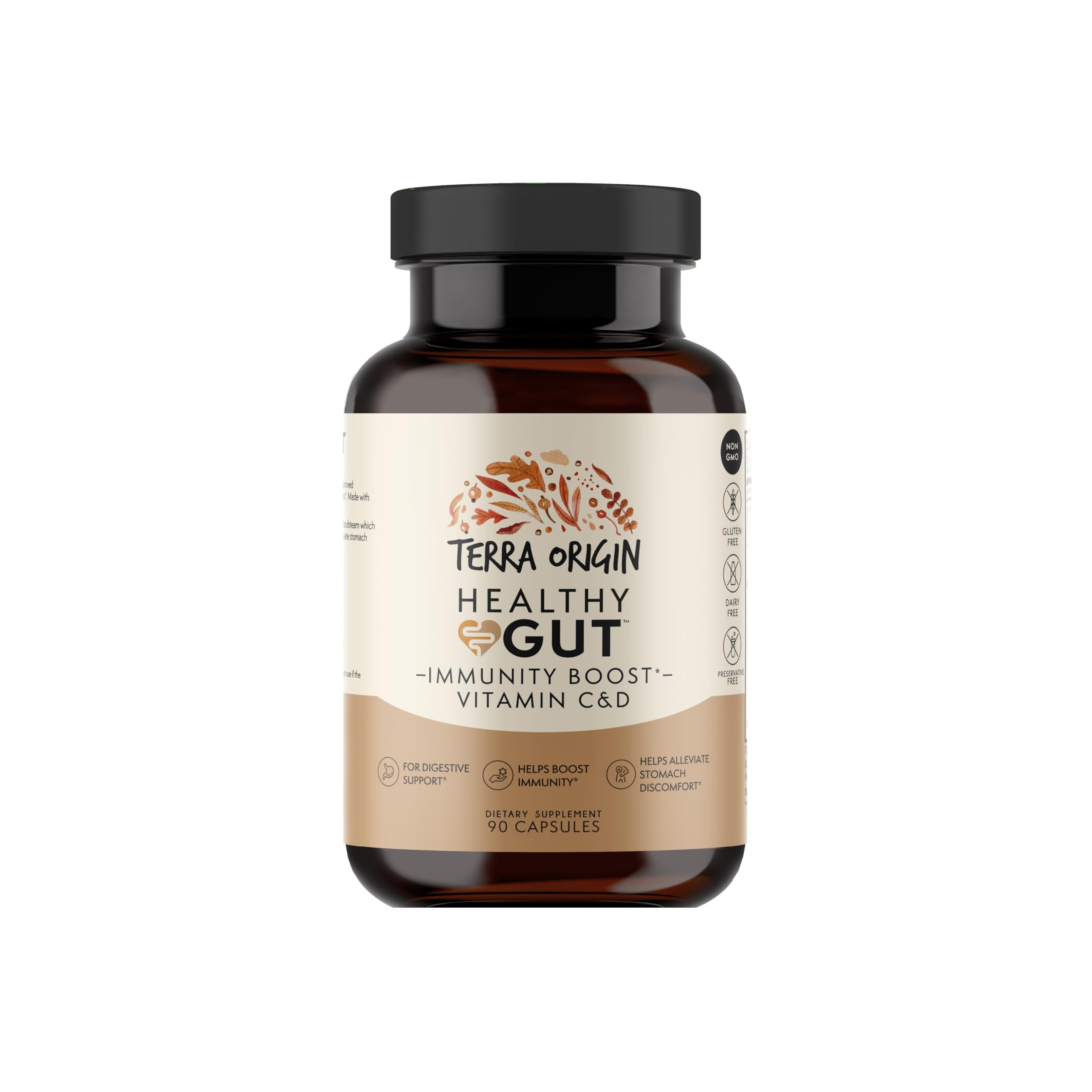 TERRA ORIGIN Healthy Gut Capsules with Immunity Boost | 90 Capsules | Digestive Support Including intestinal Permeability, IBS, Bloating, Gas and Constipation* 30 Servings/90 Capsules.