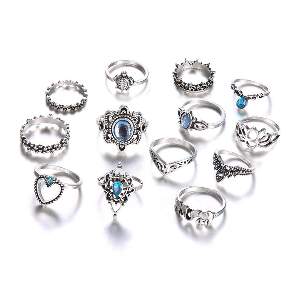 Aimimier 13 Pcs Bohemian Stackable Joint Knuckle Ring Set Vintage Blue Crystal Carved Finger Ring Crown Midi Ring Pack for Women