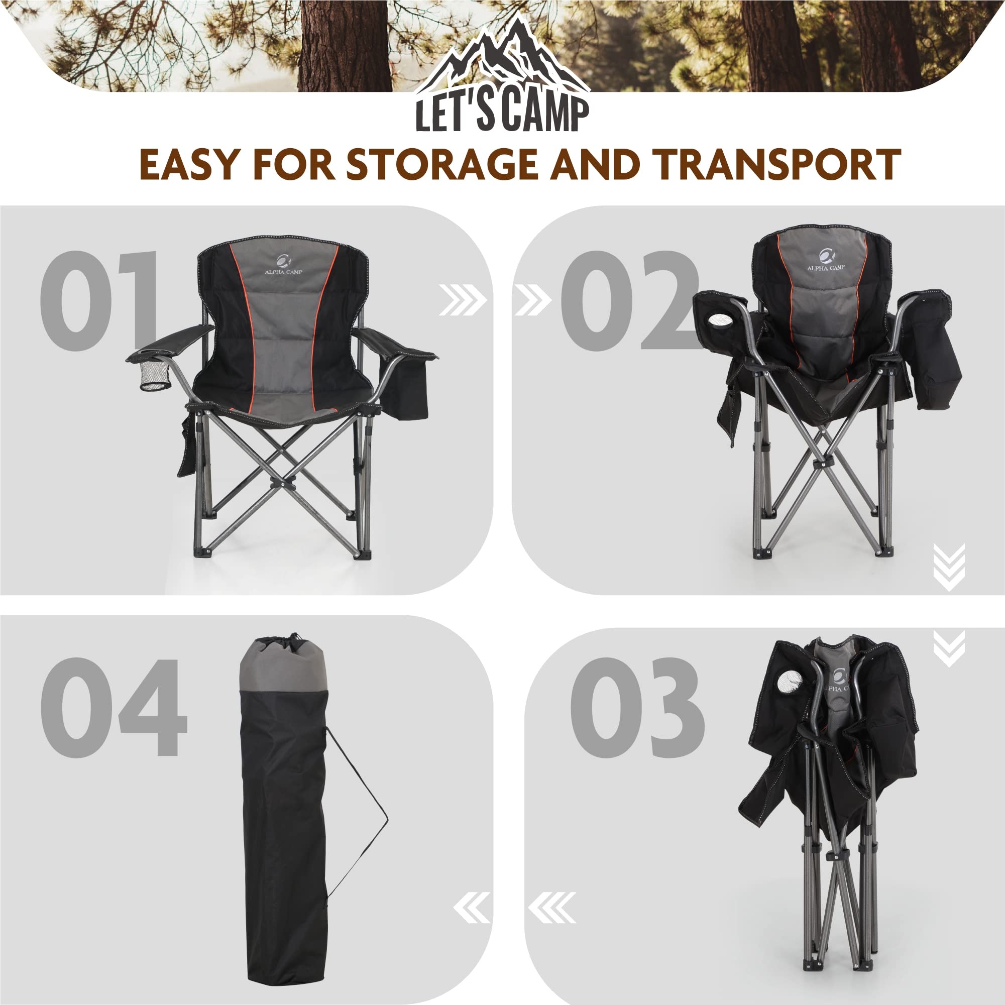 ALPHA CAMP Folding Camping Chair Oversized Heavy Duty Padded Outdoor Chair with Cup Holder Storage and Cooler Bag, 450 LBS Weight Capacity, Thicken 600D Oxford, Black