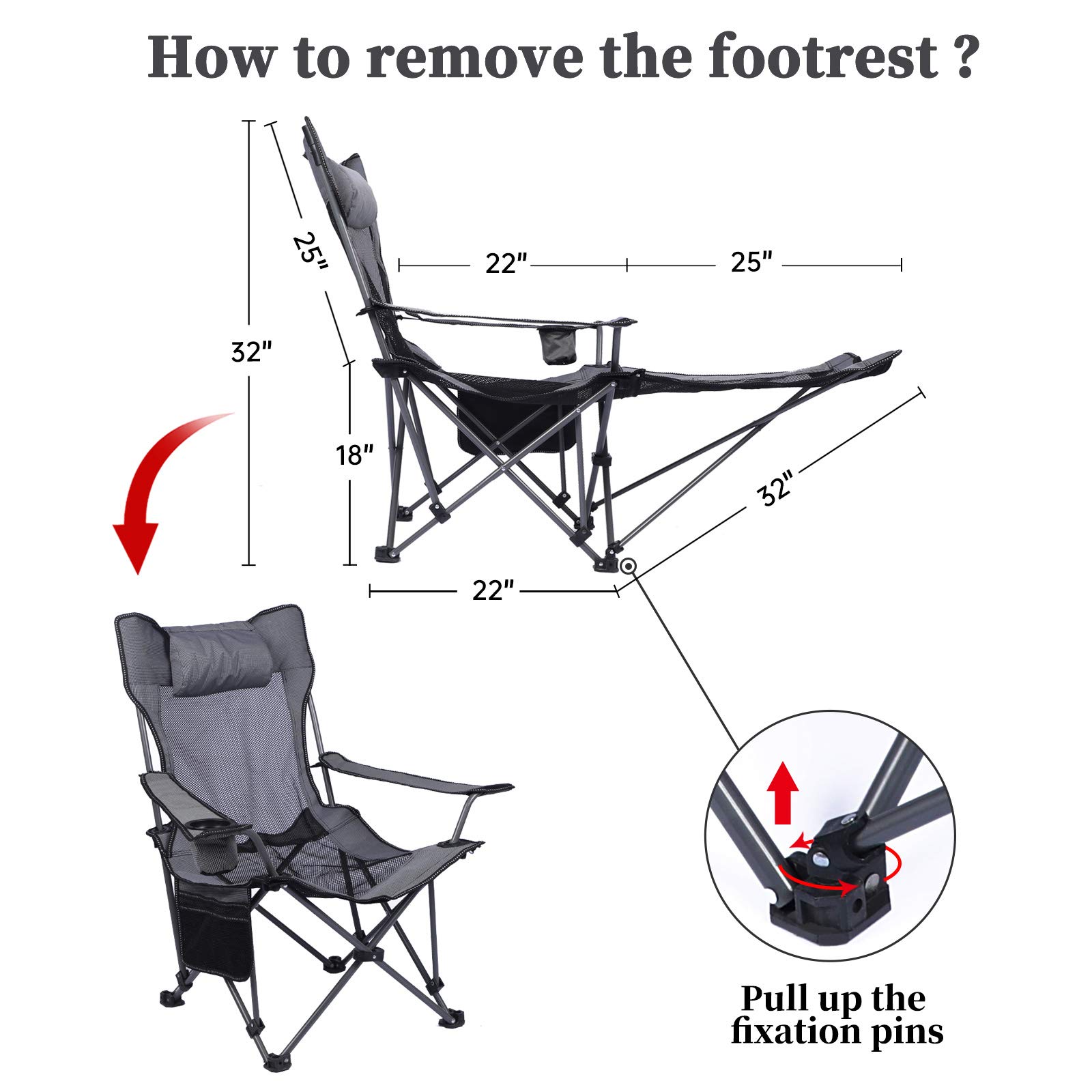 KEFOMOL Camping Lounge Chair, Portable Reclining Camping Chair, Folding Camping Chair with Footrest,Headrest & Storage Bag,Mesh Recliner with Backpack, 300lbs Weight Capacity (Gray)