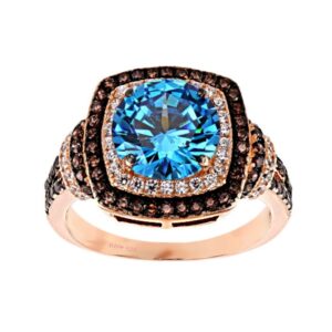 BRANDY DIAMONDORABLES♥ 18k Rose Gold Silver Chocolate Brown Mediterranean Blue Cushion Halo Ring 4.40 Ctw.