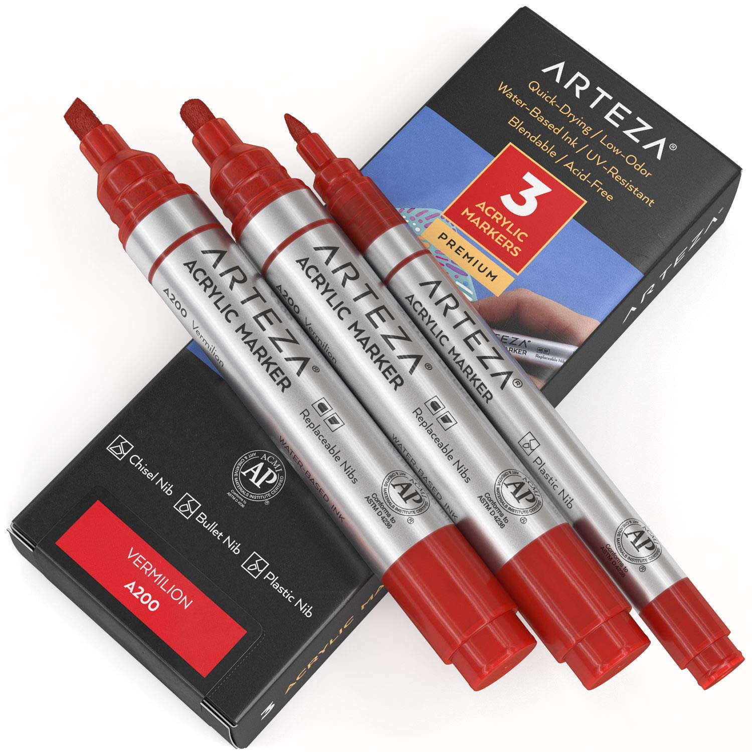 Arteza Acrylic Paint Markers, Pack of 3, A200 Vermilion, 1 Thin and 2 Thick (Chisel + Bullet Nib) Acrylic Paint Pens, for Metal, Canvas, Rock, Ceramic Surfaces, Glass, Wood, and Fabric