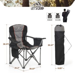 ALPHA CAMP Folding Camping Chair Oversized Heavy Duty Padded Outdoor Chair with Cup Holder Storage and Cooler Bag, 450 LBS Weight Capacity, Thicken 600D Oxford, Black