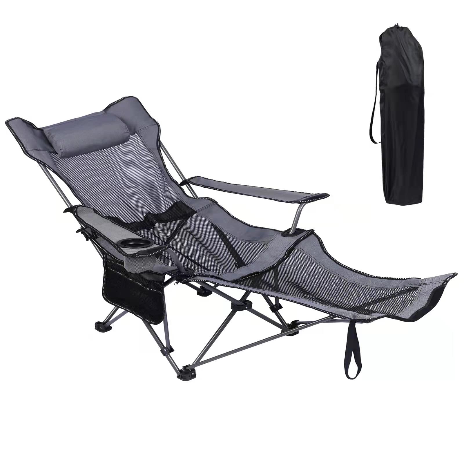 KEFOMOL Camping Lounge Chair, Portable Reclining Camping Chair, Folding Camping Chair with Footrest,Headrest & Storage Bag,Mesh Recliner with Backpack, 300lbs Weight Capacity (Gray)