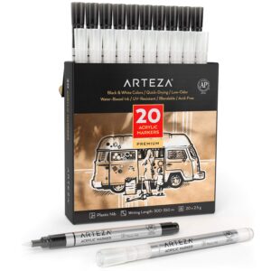 ARTEZA Acrylic Paint Markers, Set of 20 Black & White Acrylic Paint Pens, Art Markers for Glass, Pottery, Ceramic, Plastic, Rocks, and Canvas