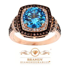 BRANDY DIAMONDORABLES♥ 18k Rose Gold Silver Chocolate Brown Mediterranean Blue Cushion Halo Ring 4.40 Ctw.