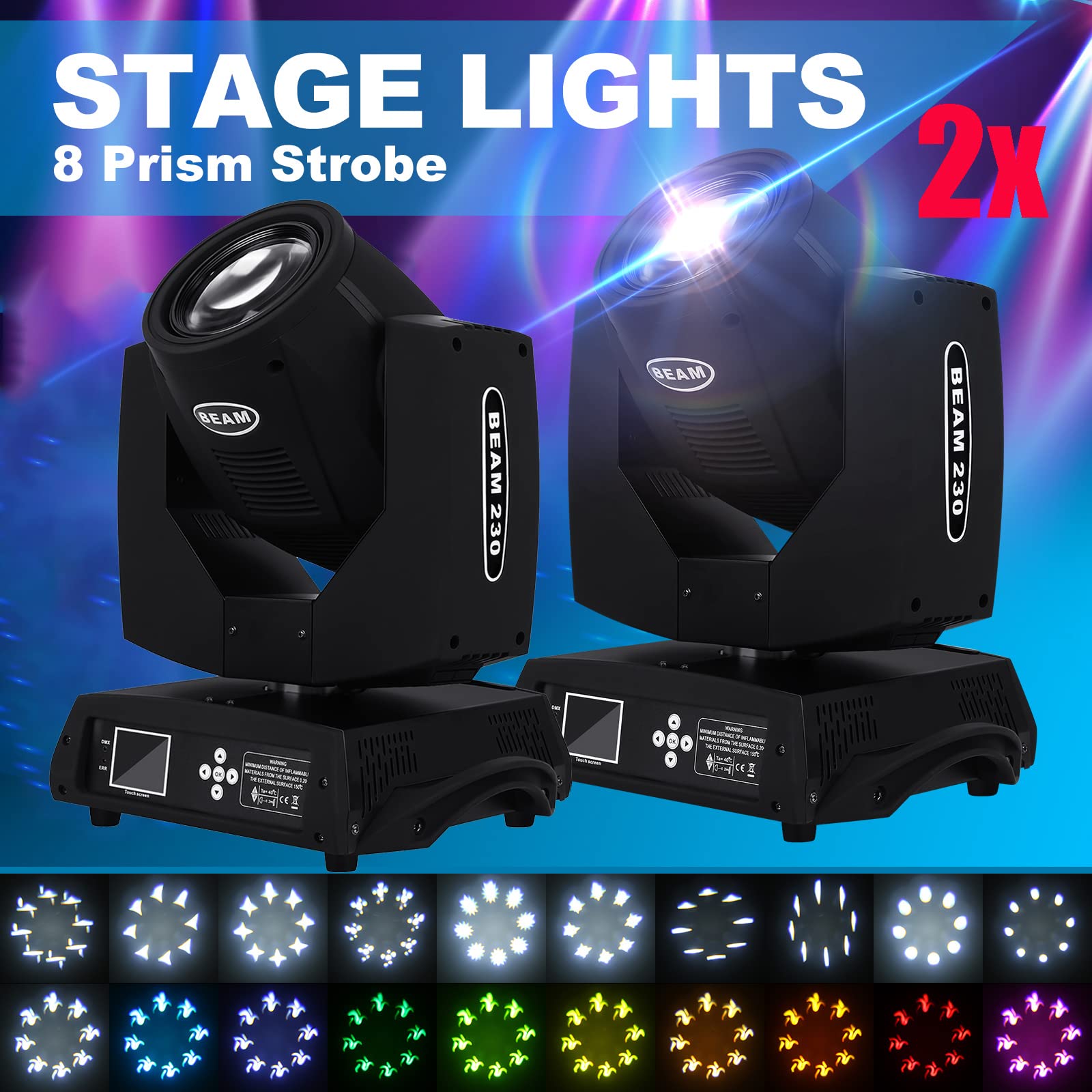 Samger 2 Pack 230W 7R Moving Head Light 8 Prism Full Motion Stage Light 14 Colors 17 GOBO Patterns Two-Way Rotation Supporting DMX512 Moving Head Spotlight DJ Light for Wedding Disco Club Music Party