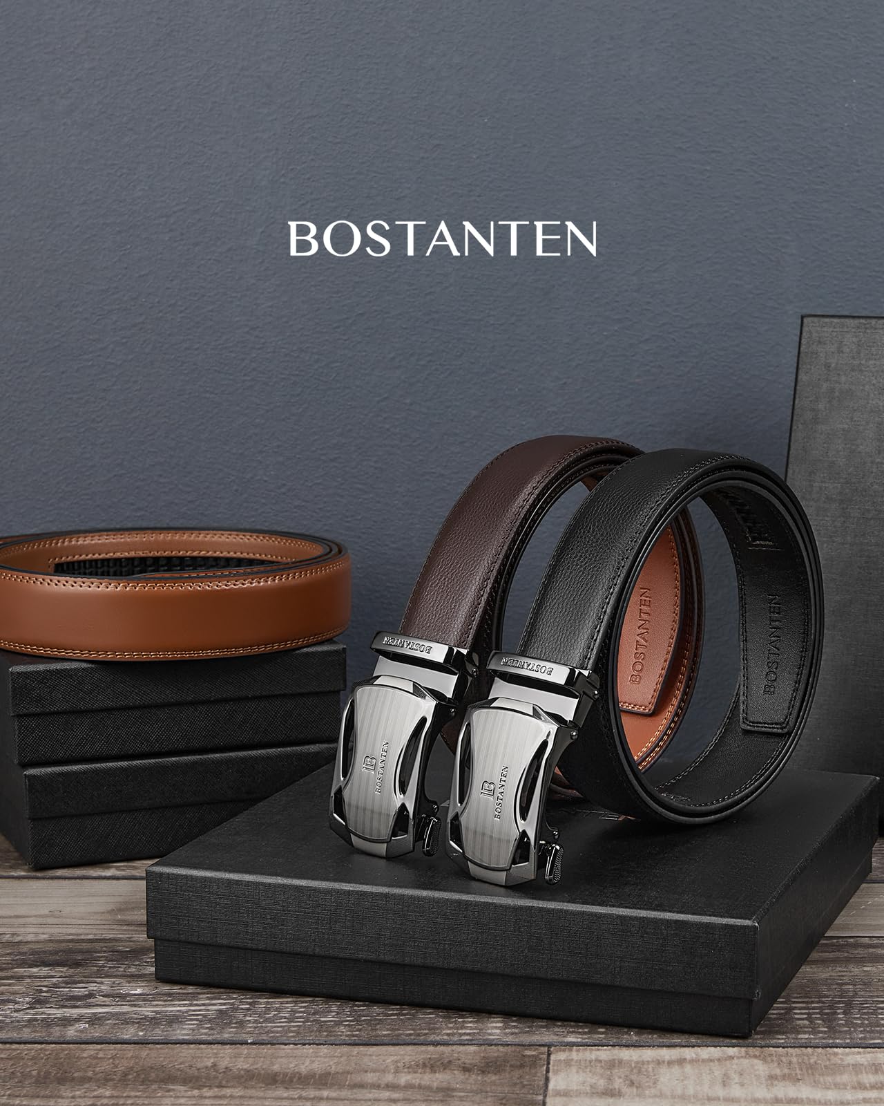 BOSTANTEN Mens Belt Leather 2 Pack Ratchet Belt For Men Dress and Casual with Adjustable Buckle, Trim to Fit