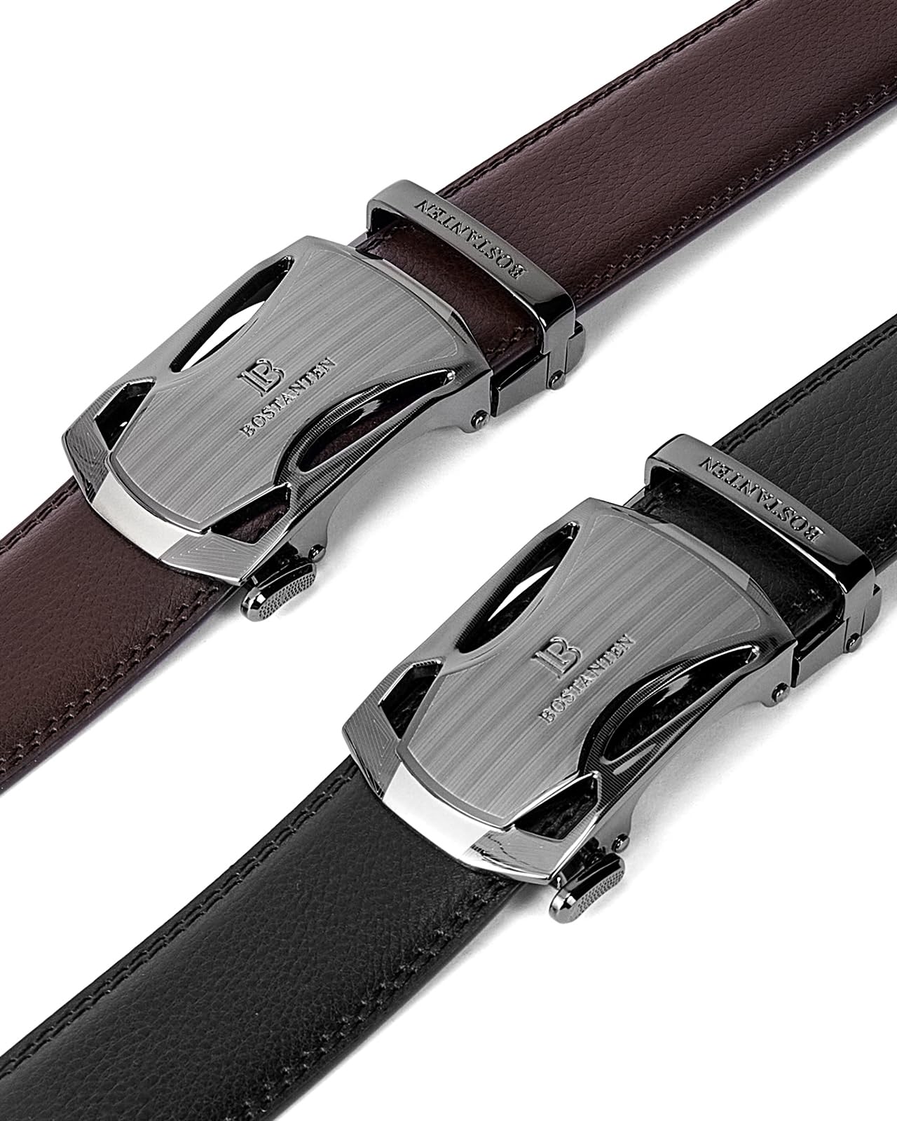 BOSTANTEN Mens Belt Leather 2 Pack Ratchet Belt For Men Dress and Casual with Adjustable Buckle, Trim to Fit