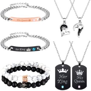 hicarer 8 pcs couples necklace bracelet matching ong distance touch necklace her king his queen i love you necklaces jewelry set for bf gf women men wedding bridal gift