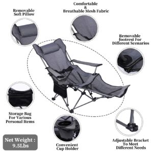 KEFOMOL Camping Lounge Chair, Portable Reclining Camping Chair, Folding Camping Chair with Footrest,Headrest & Storage Bag,Mesh Recliner with Backpack, 300lbs Weight Capacity (Gray)